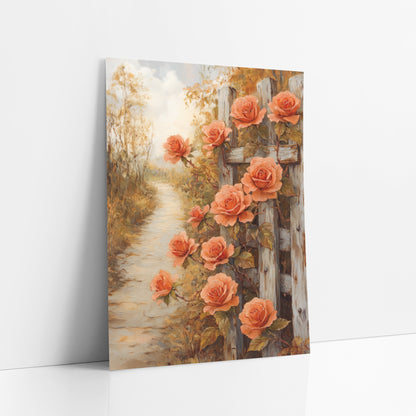 Fence Roses Winding Lane Farmhouse art print leaning against a white wall – coral roses climbing a weathered gray wooden