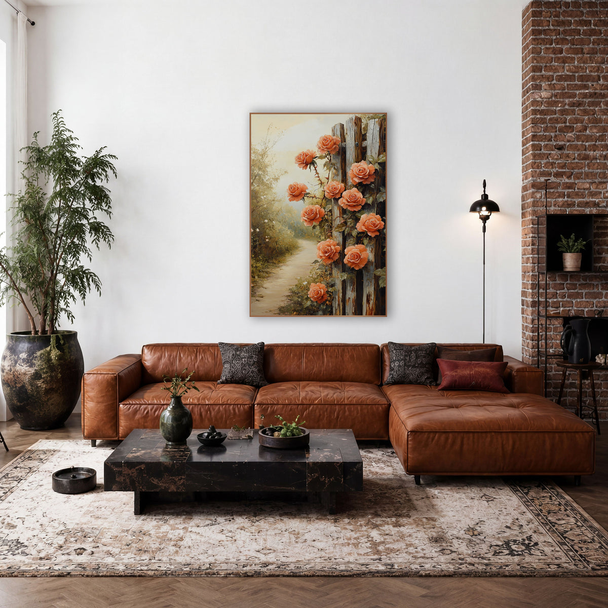 Coral Roses Misty Meadow Painterly wall art in a farmhouse-style room – coral roses climbing a weathered wooden fence