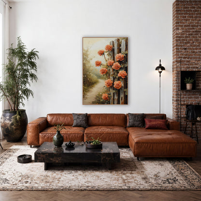 Coral Roses Misty Meadow Painterly wall art in a farmhouse-style room – coral roses climbing a weathered wooden fence