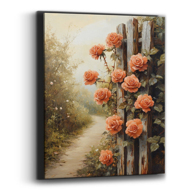 Coral Roses Misty Meadow Painterly Canvas Wall Art