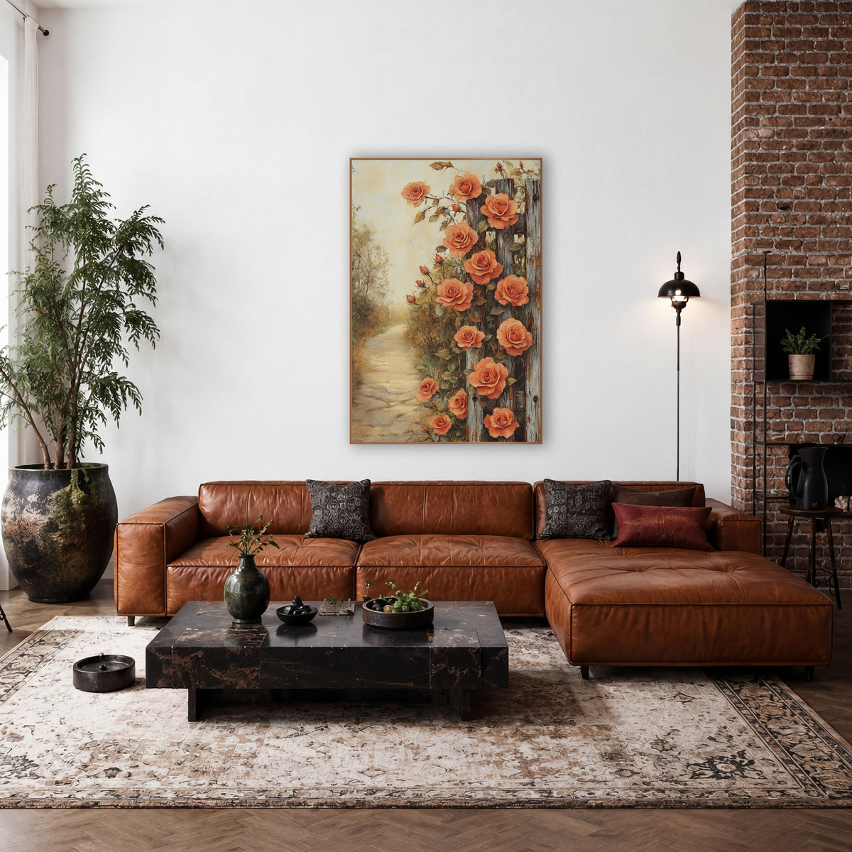 Climbing Roses Weathered Fence Farmhouse wall art in a farmhouse-style room – coral roses climbing weathered gray
