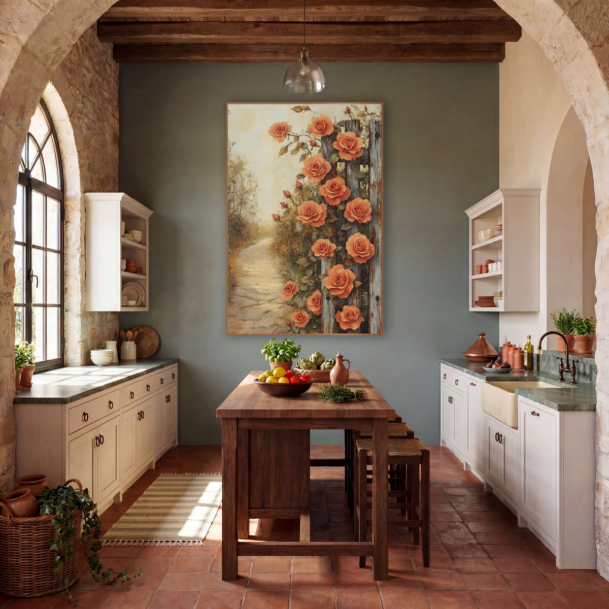Climbing Roses Weathered Fence Farmhouse wall art in a farmhouse-style room – coral roses climbing weathered gray
