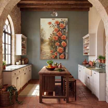 Climbing Roses Weathered Fence Farmhouse wall art in a farmhouse-style room – coral roses climbing weathered gray