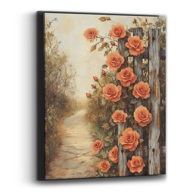 Climbing Roses Weathered Fence Farmhouse Canvas Wall Art