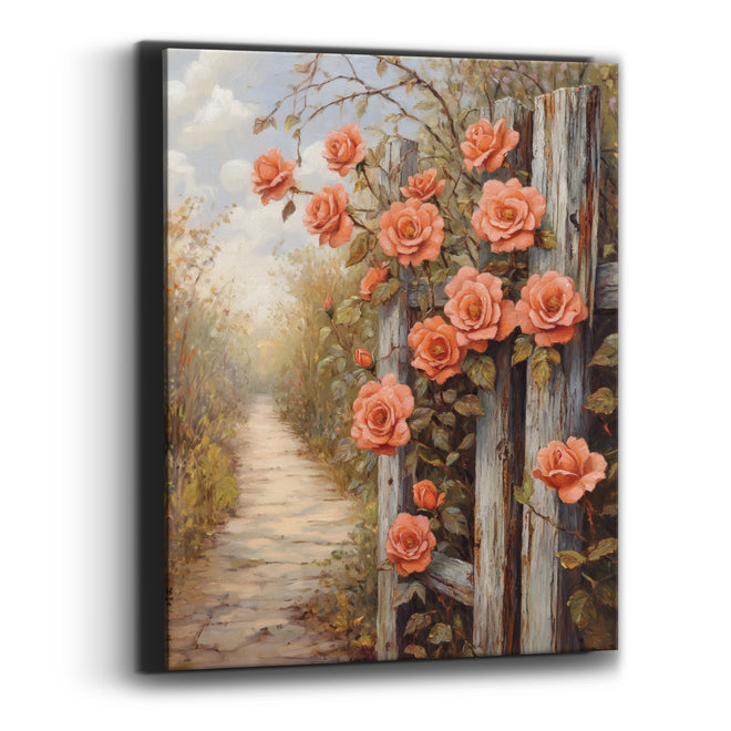 Coral Roses Cloudy Lane Cottage Canvas Wall Art