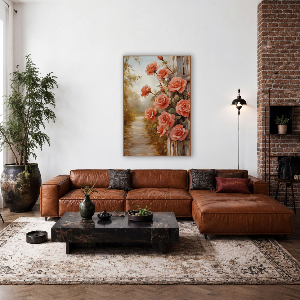 Coral Roses Whitewashed Planks Closeup wall art in a farmhouse-style room – coral roses climbing a weathered cream