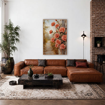 Coral Roses Whitewashed Planks Closeup wall art in a farmhouse-style room – coral roses climbing a weathered cream