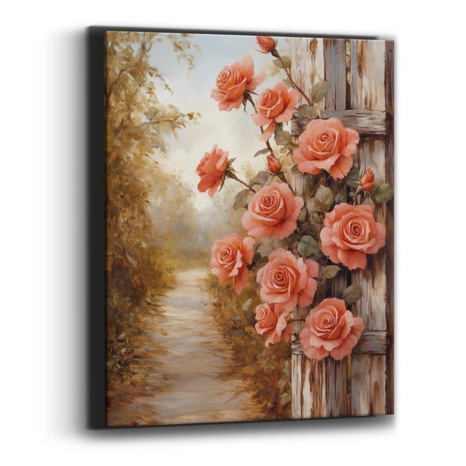 Coral Roses Whitewashed Planks Closeup Canvas Wall Art
