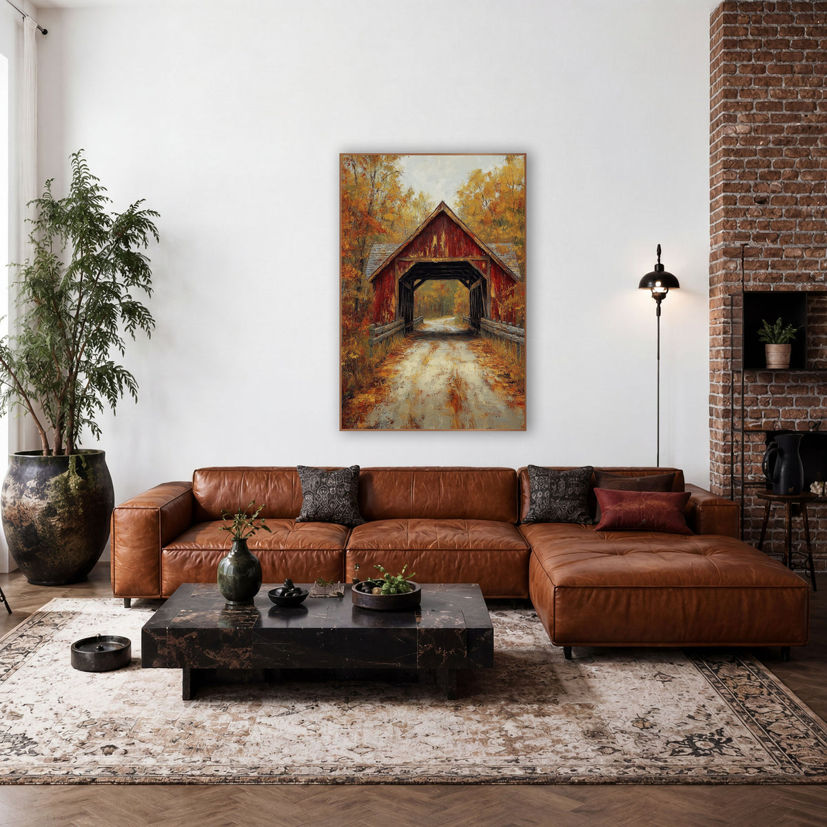 Rust Red Bridge Birch Lane Painterly wall art in a farmhouse-style room – weathered red covered bridge