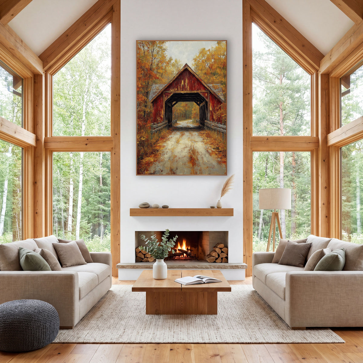 Rust Red Bridge Birch Lane Painterly wall art in a farmhouse-style room – weathered red covered bridge