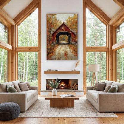 Rust Red Bridge Birch Lane Painterly wall art in a farmhouse-style room – weathered red covered bridge