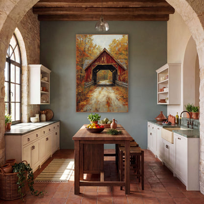 Rust Red Bridge Birch Lane Painterly wall art in a farmhouse-style room – weathered red covered bridge