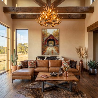 Rust Red Bridge Birch Lane Painterly wall art in a farmhouse-style room – weathered red covered bridge