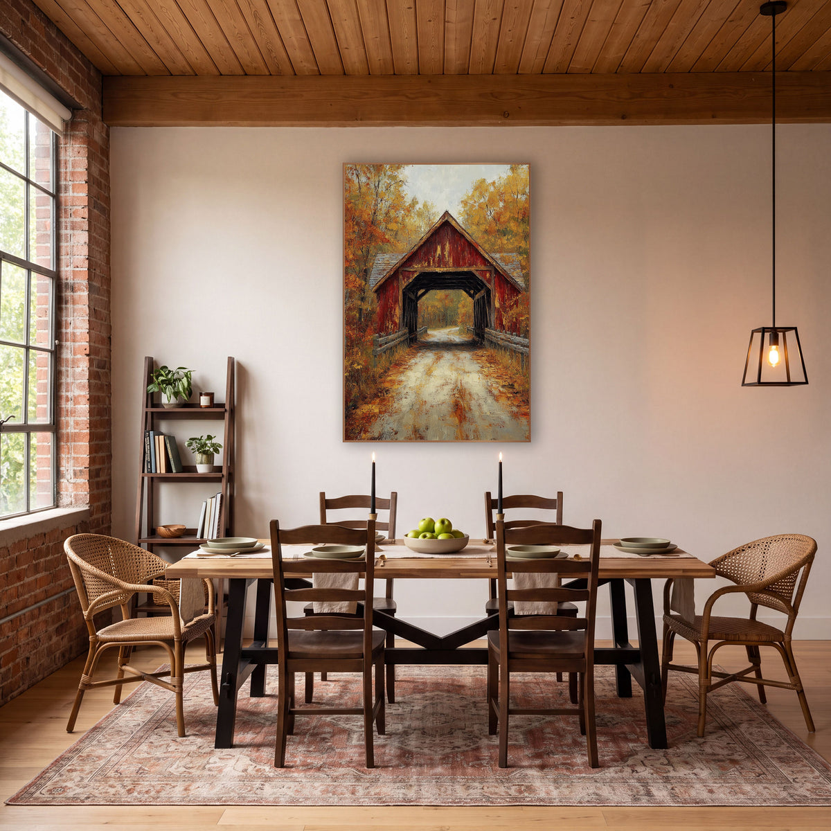 Rust Red Bridge Birch Lane Painterly wall art in a farmhouse-style room – weathered red covered bridge