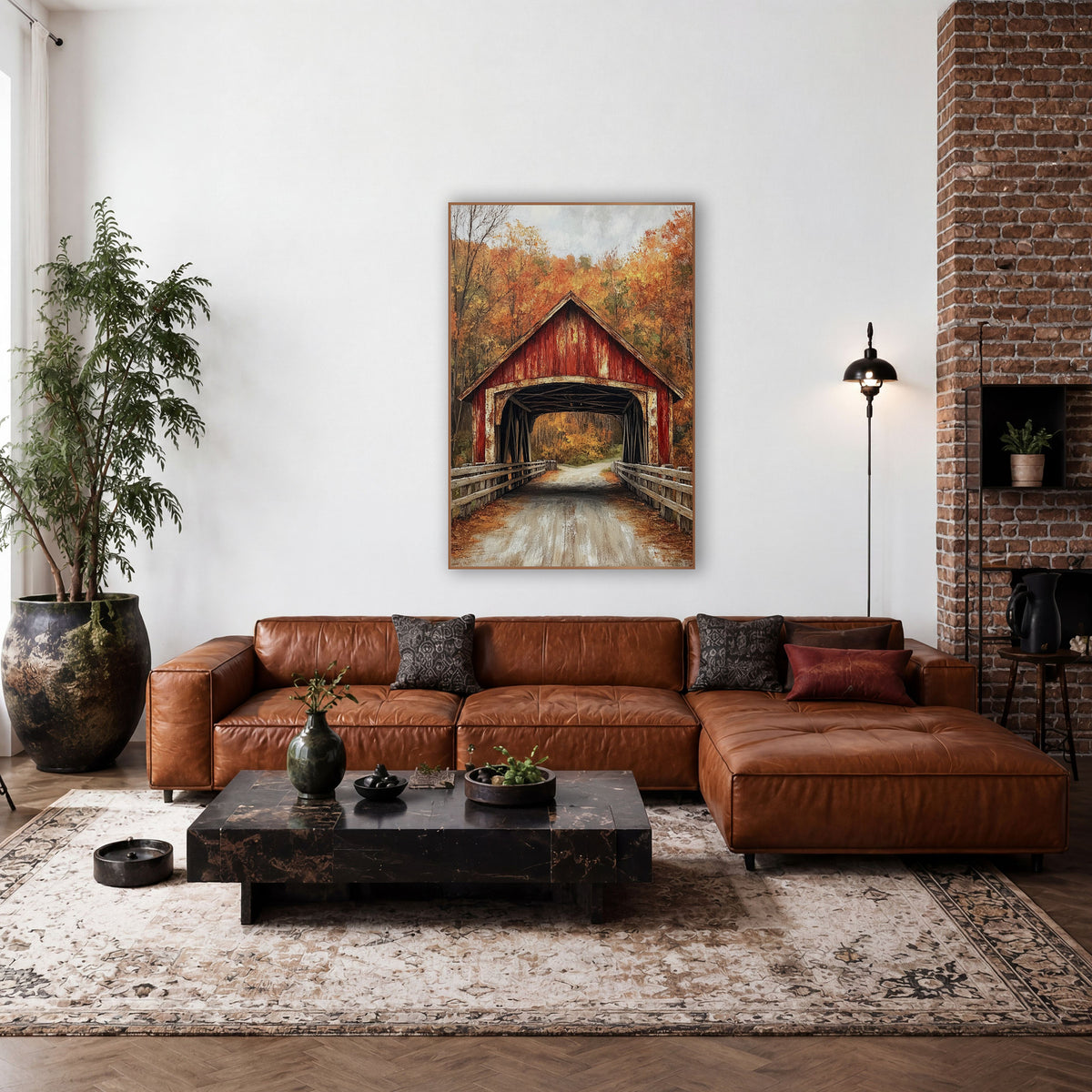 Weathered Red Bridge Timber Fence Realist wall art in a farmhouse-style room – red covered bridge with peeling paint