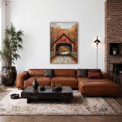 Weathered Red Bridge Timber Fence Realist wall art in a farmhouse-style room – red covered bridge with peeling paint
