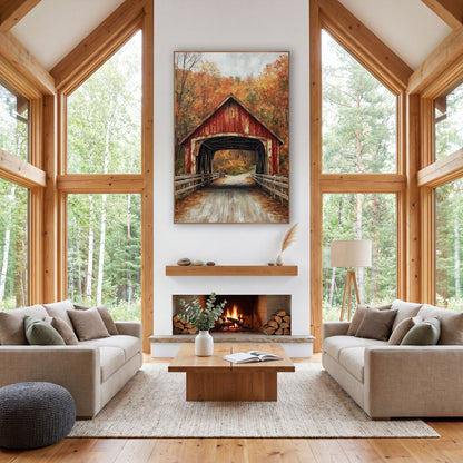 Weathered Red Bridge Timber Fence Realist wall art in a farmhouse-style room – red covered bridge with peeling paint