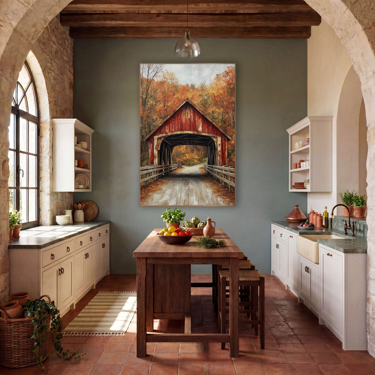 Weathered Red Bridge Timber Fence Realist wall art in a farmhouse-style room – red covered bridge with peeling paint
