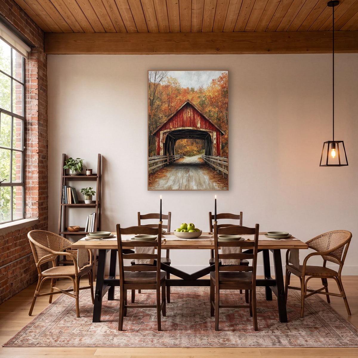 Weathered Red Bridge Timber Fence Realist wall art in a farmhouse-style room – red covered bridge with peeling paint