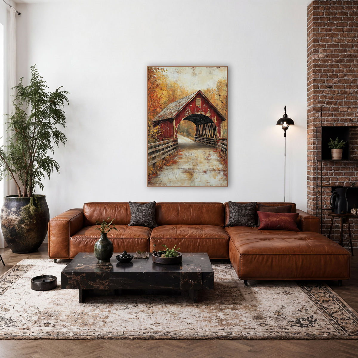 Autumn Covered Bridge Farmhouse Americana wall art in a farmhouse-style room – weathered red covered bridge