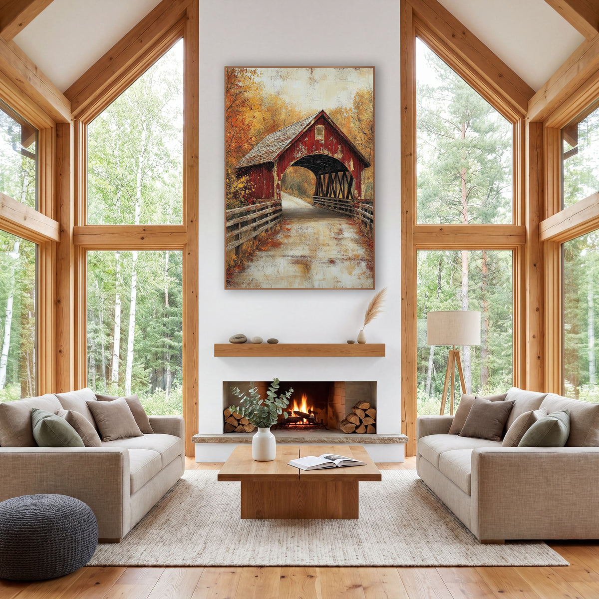 Autumn Covered Bridge Farmhouse Americana wall art in a farmhouse-style room – weathered red covered bridge