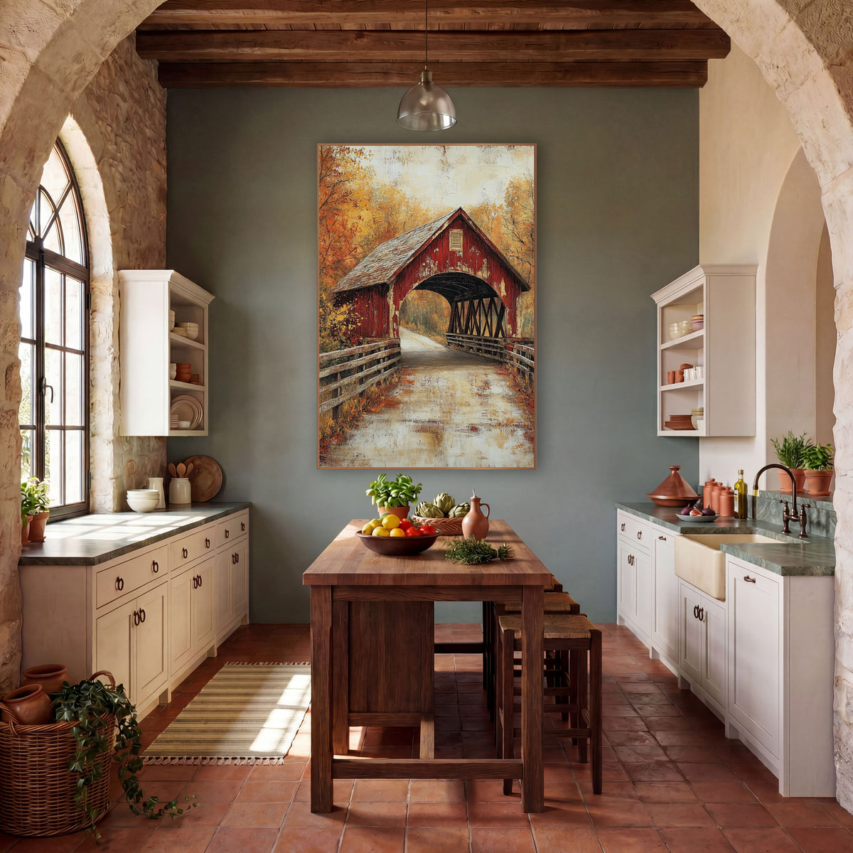 Autumn Covered Bridge Farmhouse Americana wall art in a farmhouse-style room – weathered red covered bridge