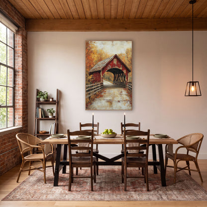 Autumn Covered Bridge Farmhouse Americana wall art in a farmhouse-style room – weathered red covered bridge