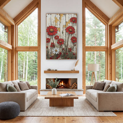 Red Daisy Weathered Plank Farmhouse wall art in a farmhouse-style room – red daisies with gold centers and one white