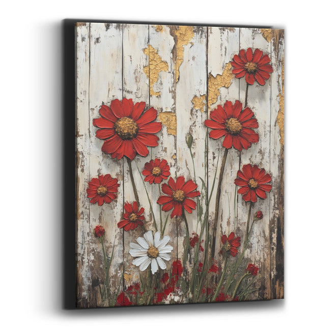 Red Daisy Weathered Plank Farmhouse Canvas Wall Art