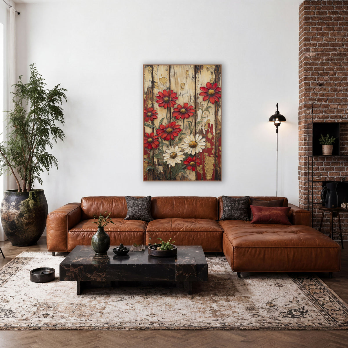Red and Cream Daisies Rustic Farmhouse wall art in a farmhouse-style room – red and cream daisies with golden centers