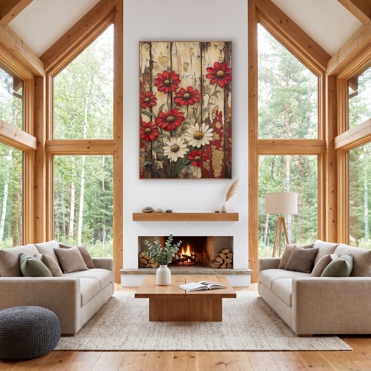 Red and Cream Daisies Rustic Farmhouse wall art in a farmhouse-style room – red and cream daisies with golden centers