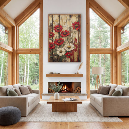 Red and Cream Daisies Rustic Farmhouse wall art in a farmhouse-style room – red and cream daisies with golden centers