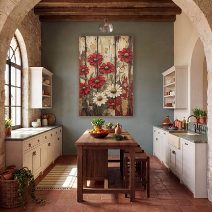 Red and Cream Daisies Rustic Farmhouse wall art in a farmhouse-style room – red and cream daisies with golden centers