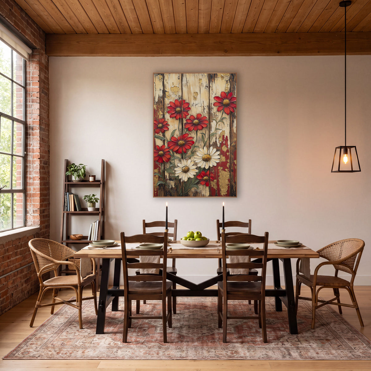 Red and Cream Daisies Rustic Farmhouse wall art in a farmhouse-style room – red and cream daisies with golden centers