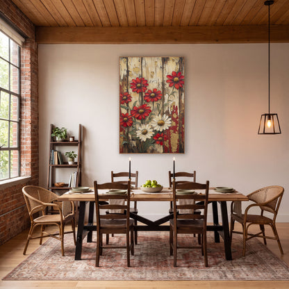 Red and Cream Daisies Rustic Farmhouse wall art in a farmhouse-style room – red and cream daisies with golden centers