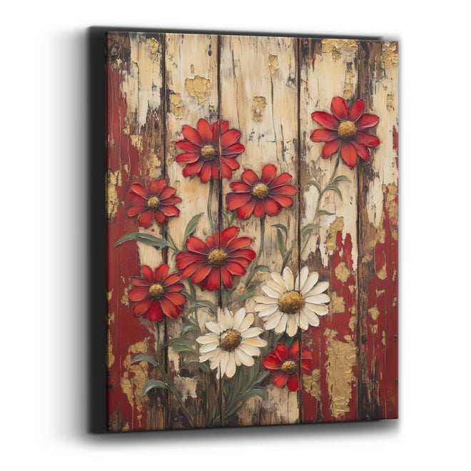 Red and Cream Daisies Rustic Farmhouse Canvas Wall Art