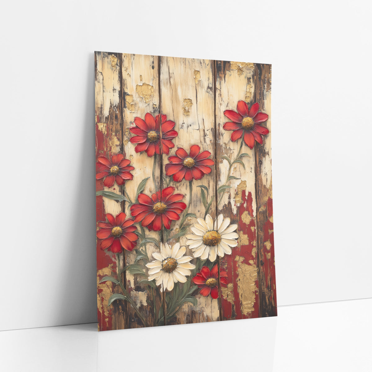 Red and Cream Daisies Rustic Farmhouse art print leaning against a white wall – red and cream daisies with golden centers