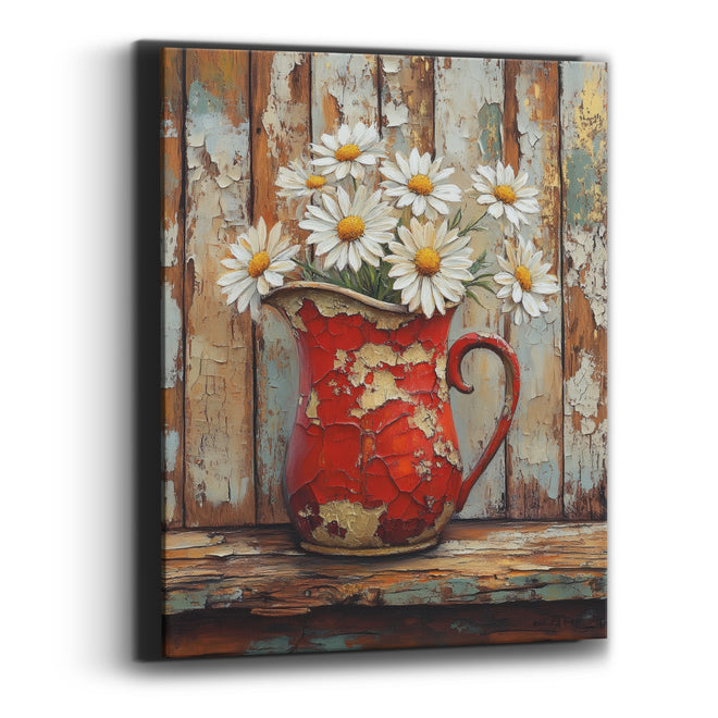 Red Pitcher White Daisies Farmhouse Canvas Wall Art