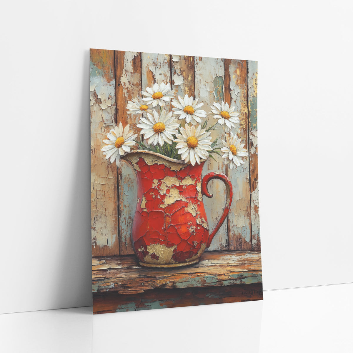 Red Pitcher White Daisies Farmhouse art print leaning against a white wall – white daisies with yellow centers in a red