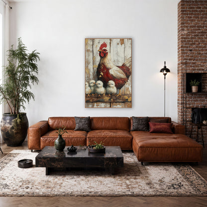 Crimson Hen Four Chicks Rustic wall art in a farmhouse-style room – red and cream hen standing over four fluffy chicks