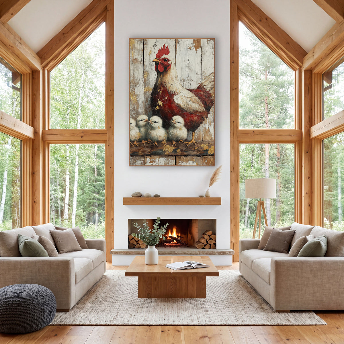 Crimson Hen Four Chicks Rustic wall art in a farmhouse-style room – red and cream hen standing over four fluffy chicks