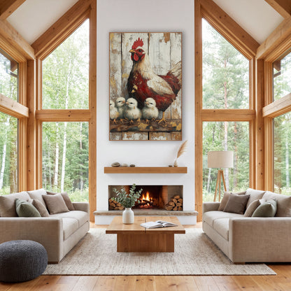 Crimson Hen Four Chicks Rustic wall art in a farmhouse-style room – red and cream hen standing over four fluffy chicks