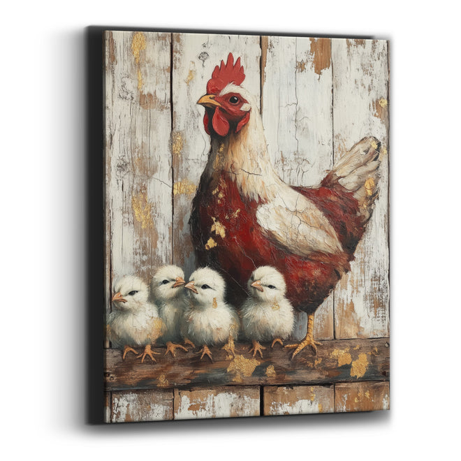 Crimson Hen Four Chicks Rustic Canvas Wall Art