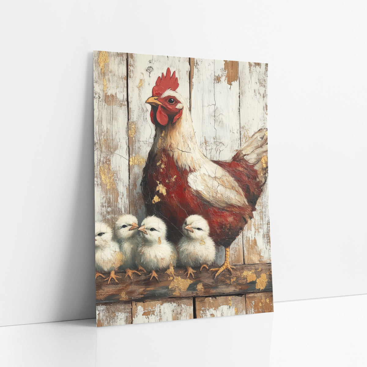 Crimson Hen Four Chicks Rustic art print leaning against a white wall – red and cream hen standing over four fluffy chicks