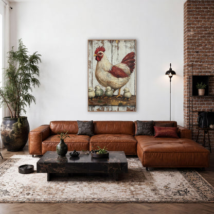 Cream Hen Sage Chicks Farmhouse wall art in a farmhouse-style room – cream and red hen standing over four fluffy