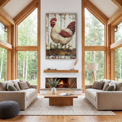 Cream Hen Sage Chicks Farmhouse wall art in a farmhouse-style room – cream and red hen standing over four fluffy