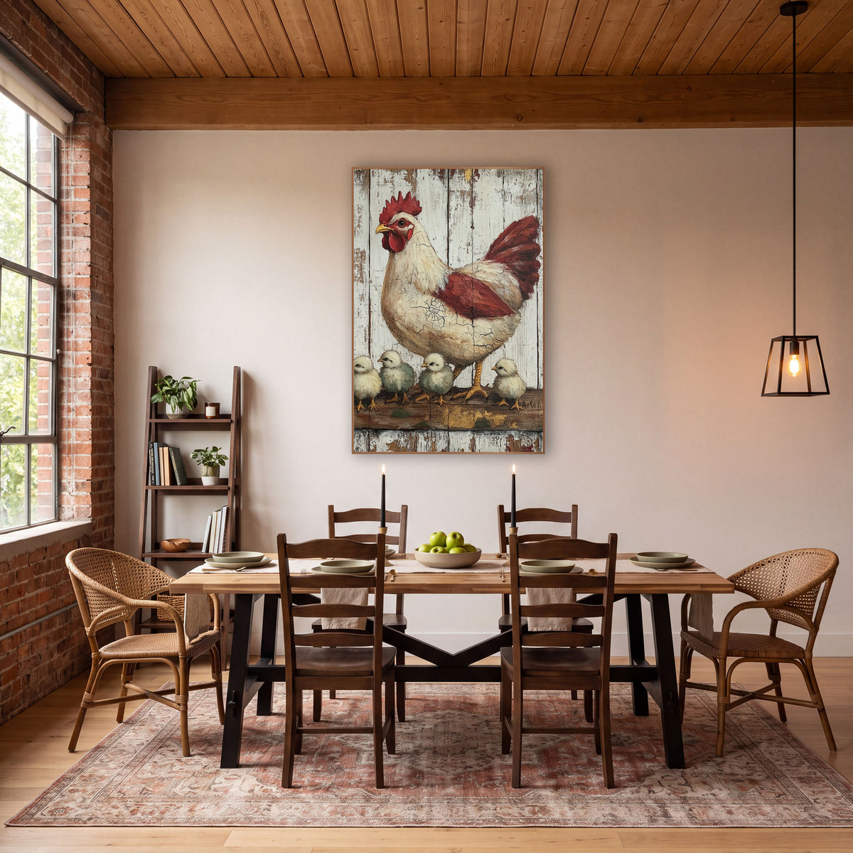 Cream Hen Sage Chicks Farmhouse wall art in a farmhouse-style room – cream and red hen standing over four fluffy