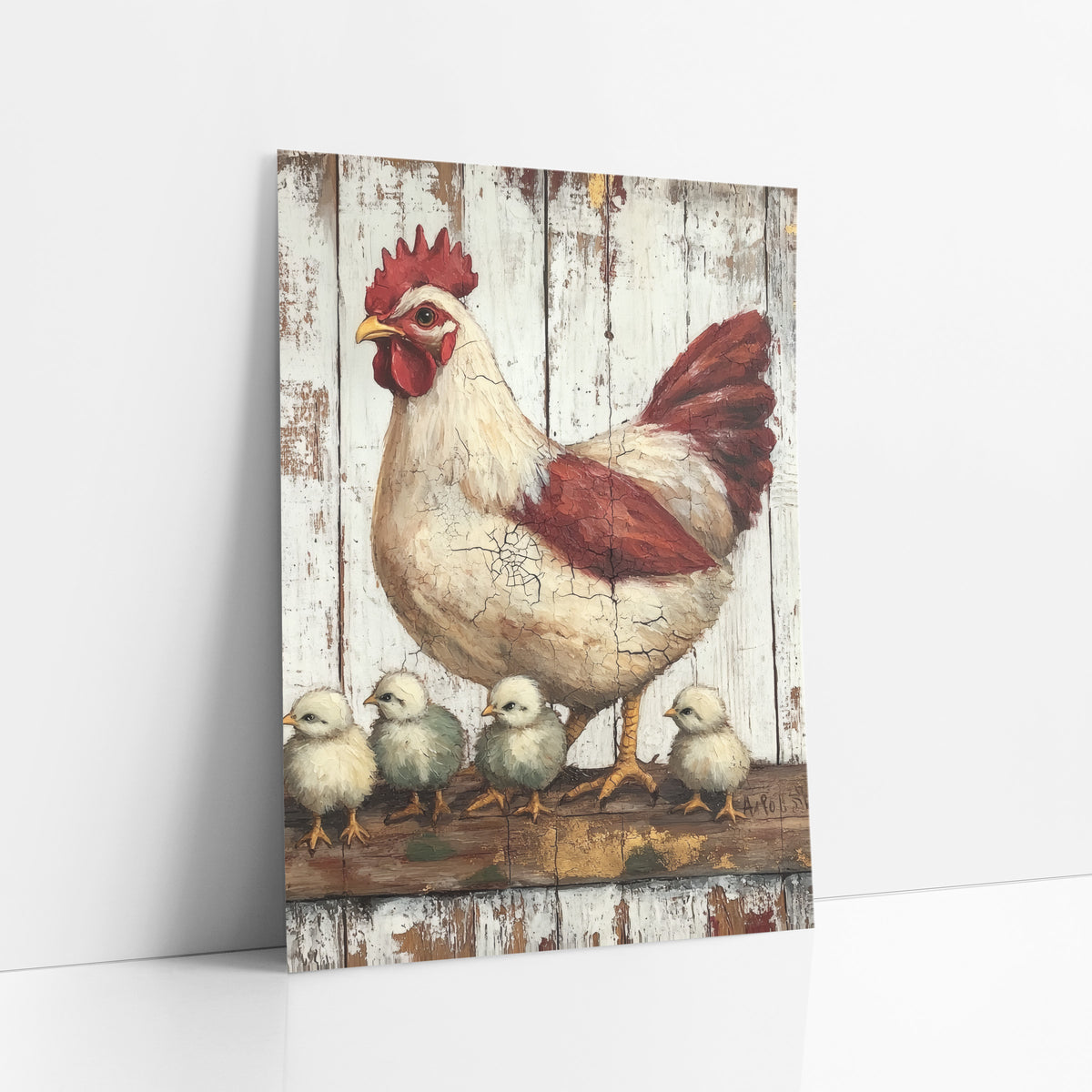 Cream Hen Sage Chicks Farmhouse art print leaning against a white wall – cream and red hen standing over four fluffy chicks