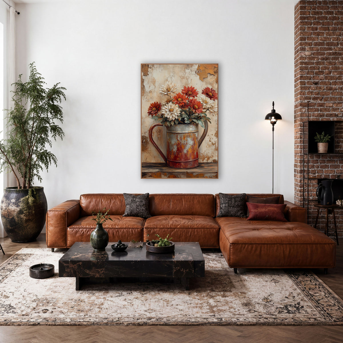 Rusty Watering Can Mums Farmhouse wall art in a farmhouse-style room – red and cream mums in a rusty watering can