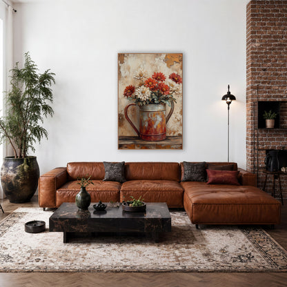 Rusty Watering Can Mums Farmhouse wall art in a farmhouse-style room – red and cream mums in a rusty watering can